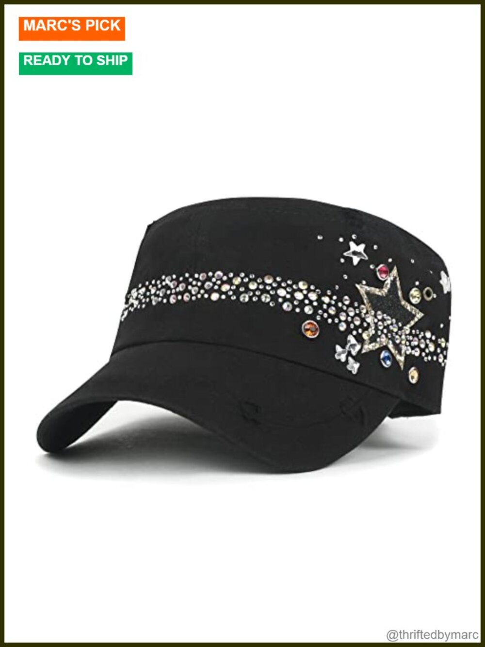 Vintage Distressed Cotton Military Army Cadet Cap Rhinestone Stud Adjustable